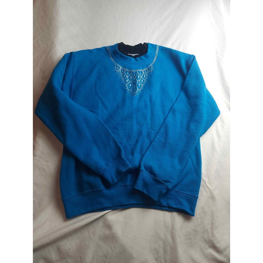 PFI Fashions Blue Rhinestone Bib Mock Neck Sweatshirt Womens Small Pullover